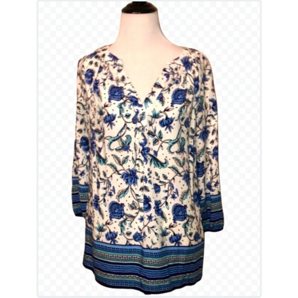 Rose & Rhyme Womens 3X Blouse Top Blue Floral Tunic Ikat Plus Size Print Rayon